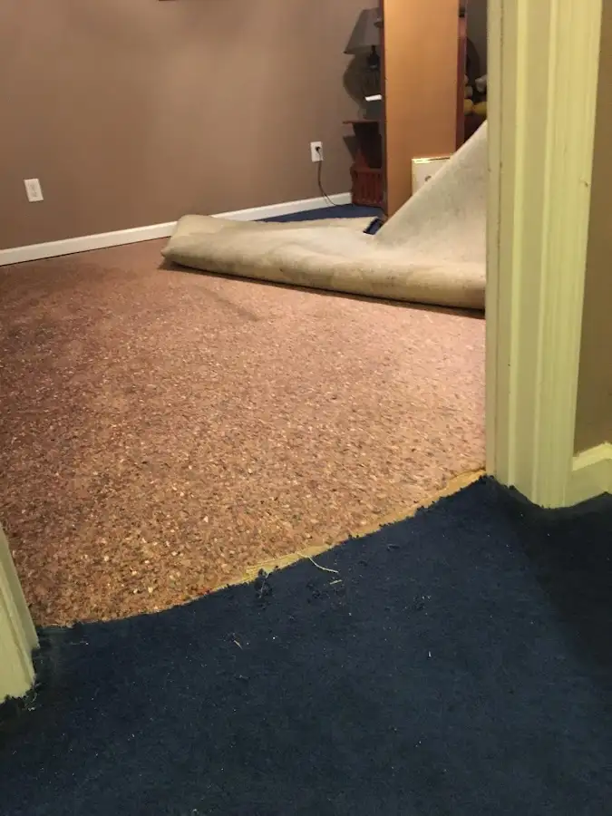 Carpet pad removal revealing water damage during Water Mitigation Services in Kingston